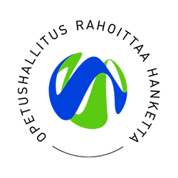 Keskellä Opetushallituksen vihreä-sininen logo ja ympärillä pyöreässä muodossa teksti Opetushallitus rahoittaa hanketta.