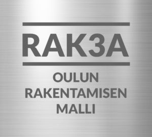 Logo, jossa harmaalla pohjalla teksti Rak3a Oulun rakentamisen malli.