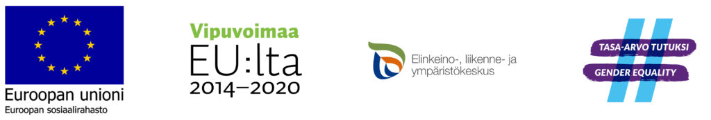 EU:n sininen lippulogo, jonka alla teksti Euroopan unioni ja Euroopan sosiaalirahasto. Logo, jossa teksti Vipuvoimaa EU:lta 2014-2020. Logo, jossa pisaran muotoisessa asetelmassa sinisiä, vihreitä ja punaisia kaarevia viivoja ja vieressä teksti Elinkeino-, liikenne- ja ympäristökeskus. Logo, jossa kaksi violettia vaakasuoraa viivaa ja kaksi vaaleansinistä oikealle nojaavaa pystyviivaa muodostavat hashtag-merkin. Vaakasuorissa viivoissa lukee tekstit Tasa-arvo tutuksi ja Gender equality.
