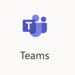 Sininen kuvake, jossa laatikossa T-kirjaim ja kaksi sinistä hahmoa vieressä. Alla teksti Teams.