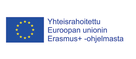 Sininen EU:n tähtilippu, jossa sinisellä pohjalla ympyrän muodossa keltaisia tähtiä. Vieressä sininen teksti, jossa lukee Yhteisrahoitettu Euroopan unionin Erasmus+ -ohjelmasta.