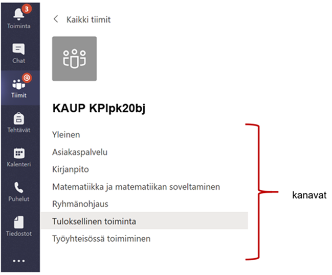 Vasemmassa reunassa tummansininen pystypalkki, jossa seitsemän ikonia. ylimmäisenä kellonkuva, jonka alla teksti Toiminta. Sen alla puhekulpan kuva ja alla teksti Chat. Seuraavaksi ikoni, jossa kolmen henkilöhahmon päät ja ylävartalot. Ikonin alla teksti Tiimit. Neljännessä ikonissa on ikään kuin kassi tai salkku, jossa kantokahva ja kyljessä viiva ja laatikko. Ikonin alla lukee Tehtävät. Viides ikoni on kalenterin lehden kuva ja alla teksti Kalenteri. Sen alla ikoni, jossa puhelimen luurin kuva ja alla teksti Puhelut. Alimmaisena ikonina on paperiarkki, josta vasen ylänurkka on taitettu. Ikonin alla on teksti Tiedostot. Ikonien alla on kolme pistettä vaakarivinä. Sinisen palkin vieressä on valkoinen ruutu, jossa ylimmäisenä lukee Kaikki tiimit. testin alla on harmaalla sama henkilöhahmoista koostuva ikoni, joka kuvasti vasemmassa laidassa Tiimit toimintoa. Kuvakkeen alla on otsikko KAUP KPipk20bj (tiimin nimi) ja sen alla Kanavaluetteko, jossa kanavina Yleinen, Asiakaspalvelu, Kirjanpito, Matematiikka, Ryhmänohjaus, Tuloksellinen toiminta ja Työyhteisössä toimiminen. Kanavalistan oikealla puolella on punainen hakasulku ja vieressä teksti kanavat. 