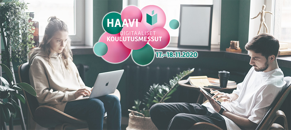 Haavi -koulutusmessujen mainos. Kuvassa kaksi ihmistä työskentelee sohvalla läppärillä.