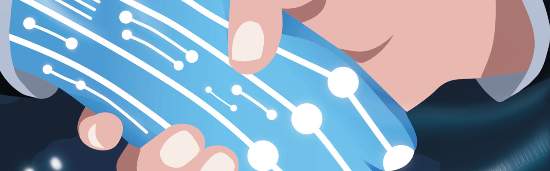 Piirretty kuva, jossa sininen elektroniikkaa kuvastava käsi puristaa ihmiskättä kättelyotteessa.