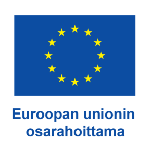 EU-lippu, jossa sinisellä suorakaiteen muotoisella pohjalla 12 keltaista tähteä, jotka muodostavat ympyrän. Alapuolella teksti: Euroopan unionin osarahoittama.