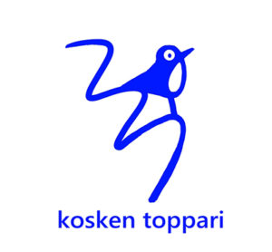 Logo, jossa sininen alaspäin valua kiemurainen viiva, jonka päällä istuu sininen lintu. Alla teksti kosken toppari.