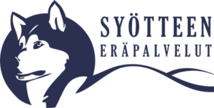 Logo, jossa husky-koiran pää ympyrän sisällä ja tunturin muotoja kuvaavia viivoja sekä teksti Syötteen eräpalvelut