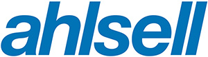 Logo, jossa sinisellä teksti Ahlsell.