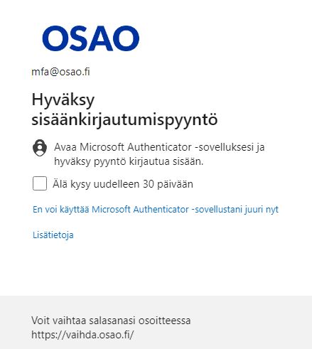 Kuvakaappaus Microsoft Authenticatorin vahvan tunnistautumisen hyväksymispyynnöstä.