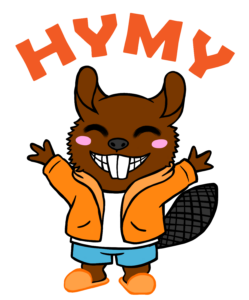 Hymy-hankkeen logo, jossa hymyilevä, vaatteisiin pukeutunut piirrosmajava heiluttaa käsiä.