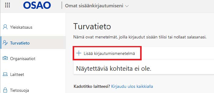 Kuvakaappaus siitä, miten "Turvatieto" sivulla lisätään kirjautumismenetelmä plus-merkin kohdalta.