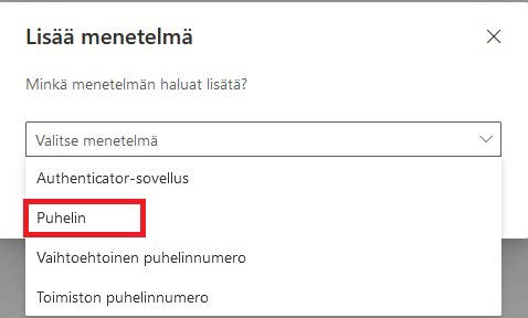 Kuvakaappaus, jossa valitaan vahvan tunnistautumisen kirjautumismenetelmä. Alasvetovalikosta on valittuna kohta puhelin.