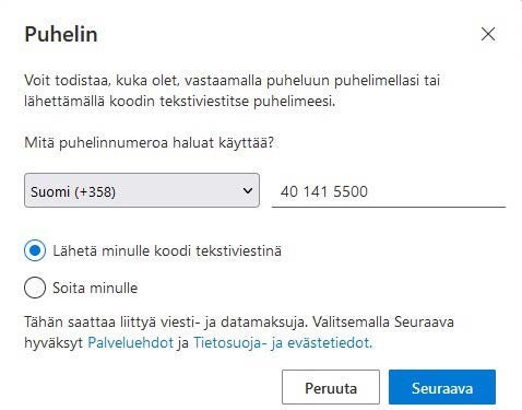 Kuvakaappaus ilmoituksesta, jossa kehotetaan antamaan puhelinnumero, jolla voi todistaa olevansa käyttäjätilin oikea käyttäjä. Ilmoitettava puhelinnumero on se, joka on liitetty käytössä olevaan Microsoft Authenticator sovellukseen.