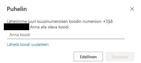 Kuvakaappaus ilmoituksesta vahvan tunnistautumisen käyttöönotossa. Ilmoitus kertoo, että käyttäjän antamaan puhelinnumeroon on lähetetty kuusinumeroinen koodi. Alla paikka lähetetyn koodin syöttämiseen.