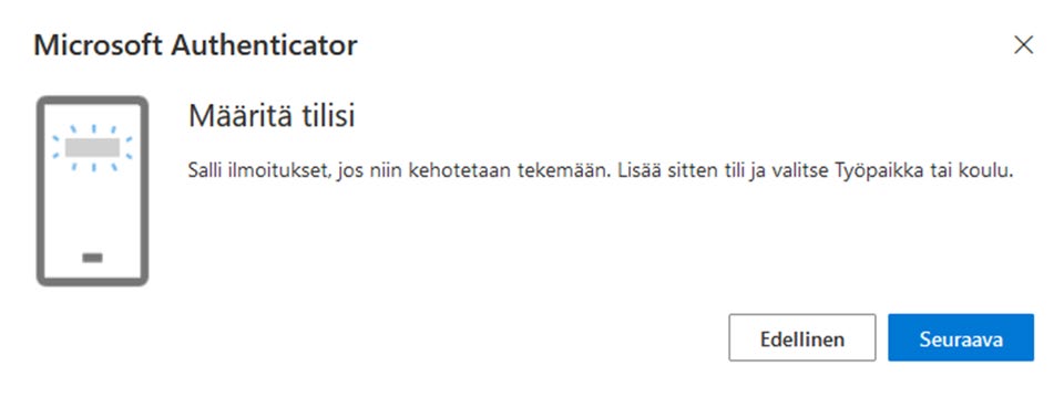 Kuvakaappaus, jossa Microsoft Authenticator kehottaa määrittämään tilisi ja sallimaan ilmoitukset jos määrittämisen yhteydessä niin kehotetaan tekemään. Kuvakaappaus kehottaa myös lisäämään tilin ja valitsemaan kohdan Työpaikka tai koulu.