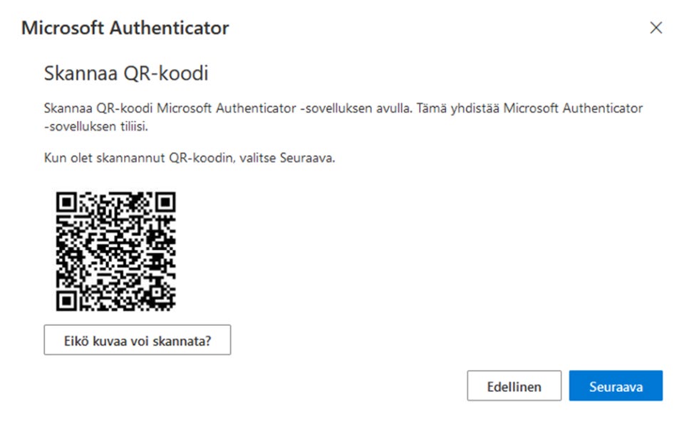 Kuvakaappaus ilmoituksesta, jolla QR-koodin avulla voi yhdistää Microsoft Authenticator -sovelluksen tiliinsä. Huom. Älä skannaa tämän ohjeen esimerkkinä olevaa QR-koodia.