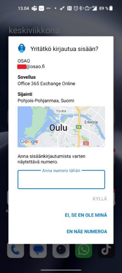 Kuvakaappaus siitä, miten puhelimen Microsoft Authenticator sovellus kertoo tulleesta kirjautumisyrityksestä ja pyytää antamaan numeron, joka sisäänkirjautumisen yhteydessä näytettiin.