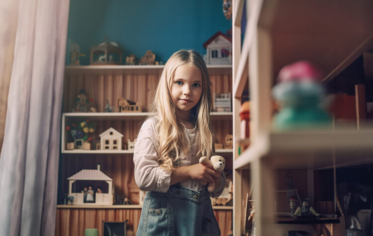 Tekoälyllä tehty kuva, jossa vaaleahiuksinen tyttölapsi on leikkimässä lastenhuoneessa.