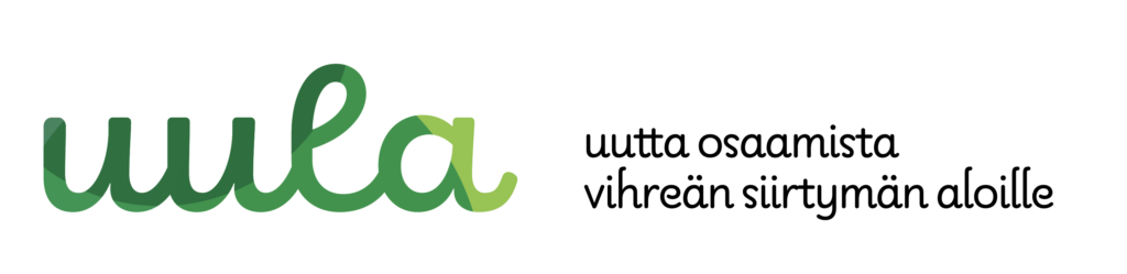 Uula hankkeen logo, jossa vihreällä kirjoitettu teksti "uula" ja vieressä mustalla teksti "uutta osaamista vihreän siirtymän aloille"