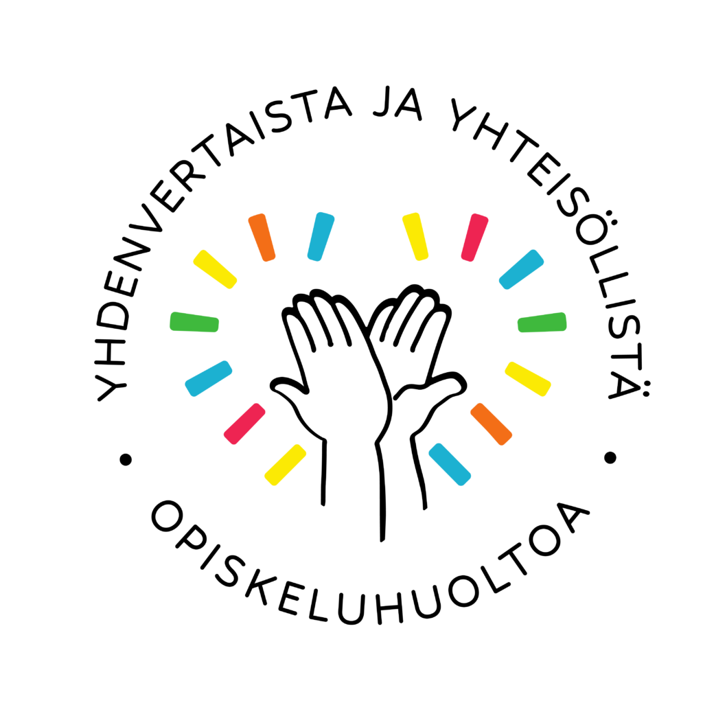 Piirretyt kädet heittämässä yläfemmaa värikkäistä viivoista koostuvan sydämen sisällä. Ympärillä ympyrän muodossa teksti Yhdenvertaista ja yhteisöllistä opiskeluhuoltoa.