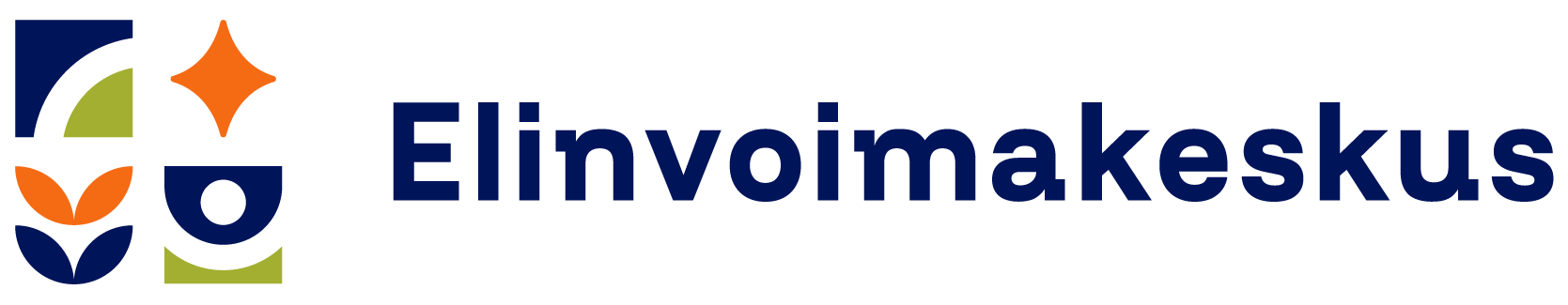 Elinvoimakeskus-logo, jossa on abstrakti sininen, oranssi ja vihreä kuvio vasemmalla ja teksti 'Elinvoimakeskus' oikealla.