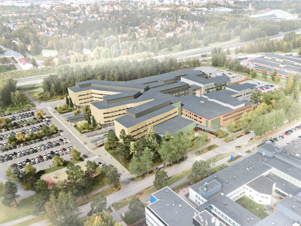 Havainnekuva oppilaitoksen kampusaluuesta ilmakuvaksi piirrettynä.