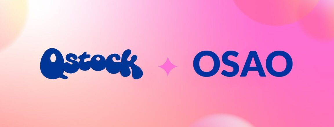 Kuvassa on Qstock ja OSAO -logot vaaleanpunaisella taustalla, jossa on pyöreitä värikkäitä kuvioita.