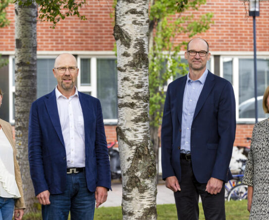 Neljä johtajaa seisovat koiuvn alla ja katsovat kameraan.