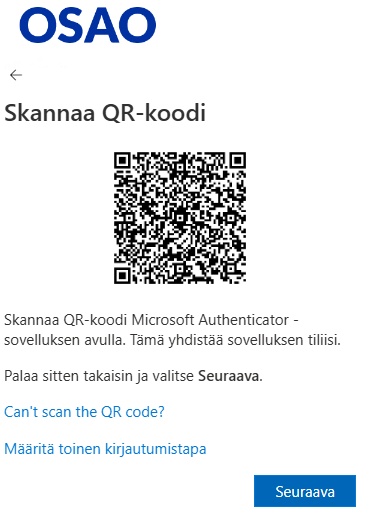 Kuva näyttää ikkunan, jossa ohjeistetaan skannaamaan QR-koodi Microsoft Authenticator -sovelluksella. Näytön keskellä on QR-koodi ja alareunassa on sininen painike, jossa lukee 'Seuraava'.