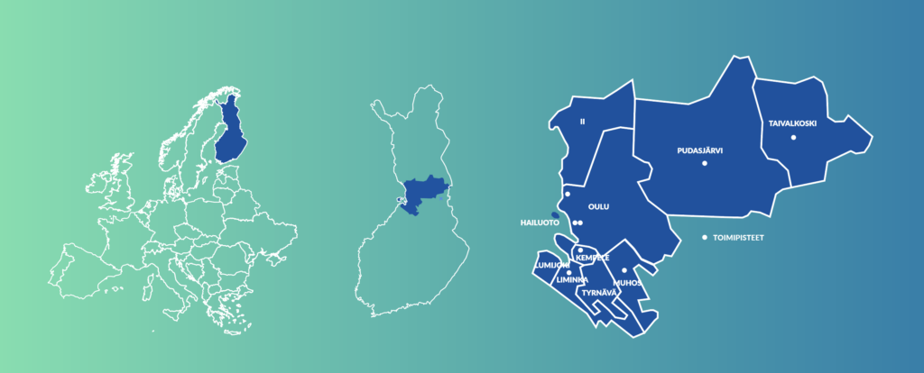 Kolme karttaa. Ensimmäisessä on merkittu Suomi Euroopan karttaan. Toisessa on merkittu Pohjois-Pohjanmaa Suomen kartassa. Ja kolmannessa on kartta Oulun seudun kunnista ja OSAOn toimipisteet kartalla.