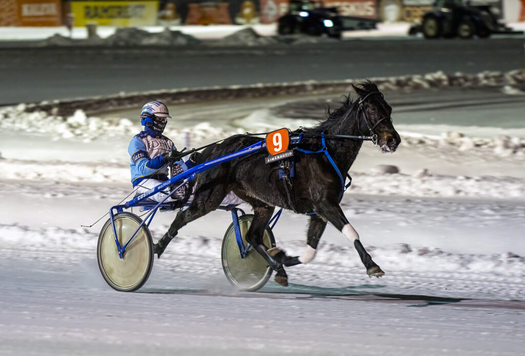 Ravikilpailu talvisella radalla, jossa hevonen vetää kilpakärryjä numerolla 9. Ohjastaja on pukeutunut sinivalkoiseen asuun.