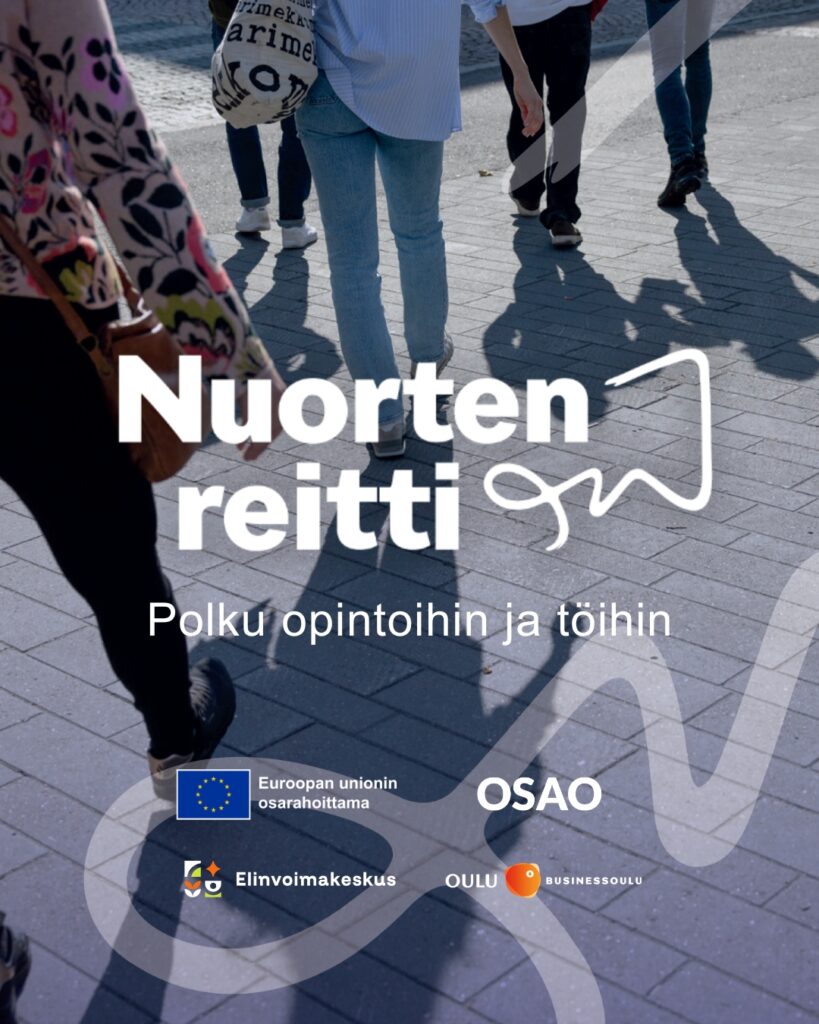 Ryhmä nuoria kävelee ulkona katukivetyksellä. Kuvassa on teksti 'Nuorten reitti - Polku opintoihin ja töihin'. Alareunassa on logosymboleita, kuten Euroopan unionin, OSAO:n, Elinvoimakeskuksen, Oulun ja BusinessOulun logot.