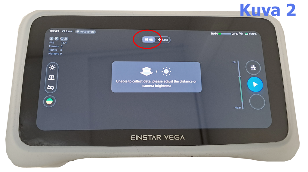 EINSTAR VEGA -laitteen näyttö, jossa on virheilmoitus "Unable to collect data, please adjust the distance or camera brightness". Näytössä näkyy myös "HD"- ja "Fast"-asetukset sekä RAM:n käyttö ja akun varaustaso. Kuva on merkitty "Kuva 2" yläkulmassa.