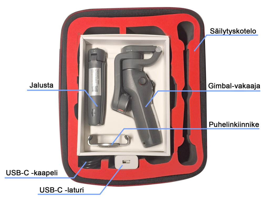 Kuvassa on säilytyskotelo, jossa on gimbal-vakaaja, jalusta, puhelinkiinnike, USB-C -kaapeli ja USB-C -laturi. Säilytyskotelon sisällä on selkeät paikat jokaiselle osalle, ja ne on merkitty kuvassa suomeksi.