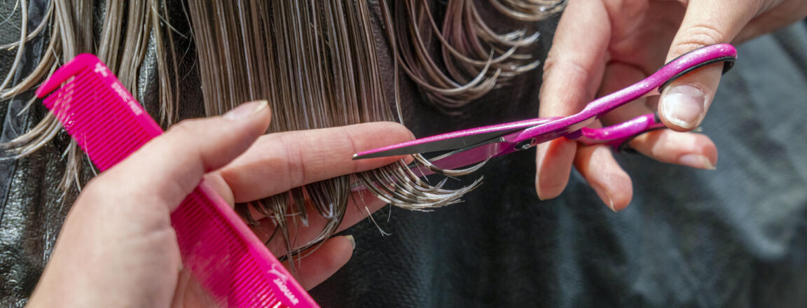 Kampaaja leikkaa hiuksia saksilla ja kammalla. Hiukset ovat märät ja niitä pidetään sormien välissä tarkkaan leikkaukseen.