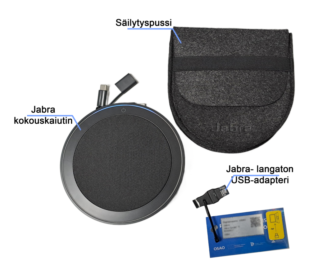 Kuvassa on Jabra-kokouskaiutin, säilytyspussi ja Jabra-langaton USB-adapteri. Kaiutin on pyöreä ja musta, ja siinä on USB-kaapeli. Säilytyspussi on harmaa ja siinä on Jabra-logo. USB-adapteri on pieni ja musta, ja se on liitetty siniseen korttiin.