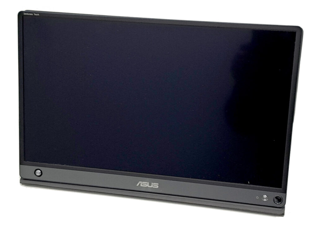Kuva esittää Asuksen kannettavaa näyttöä, jossa on musta kehys ja suuri näyttöpinta-ala. Näytön alareunassa on tuotemerkki 'ASUS'.