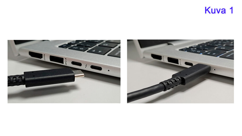Kuva kahdesta kannettavan tietokoneen liitännästä. Vasemmalla USB-C-kaapeli on irti ja oikealla se on kytketty kannettavaan tietokoneeseen.