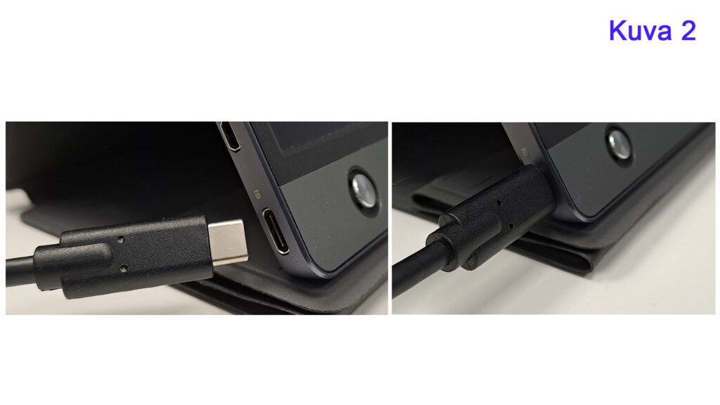 Kaksi kuvaa, joissa näkyy USB-C-kaapelin pistoke ja tabletti. Ensimmäisessä kuvassa kaapeli on irrotettuna tabletista. Toisessa kuvassa kaapeli on kytkettynä tabletin USB-C-porttiin. Kuvateksti oikeassa yläkulmassa: 'Kuva 2'.