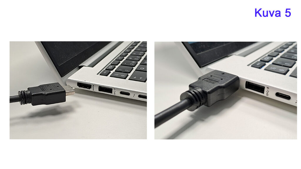 Kuvassa on kannettava tietokone, jossa on useita liitäntöjä. Vasemmalla puolella näkyy HDMI-kaapelin liittäminen HDMI-porttiin. Oikealla puolella kaapeli on kytkettynä porttiin. Kuvateksti oikeassa yläkulmassa: 'Kuva 5'.