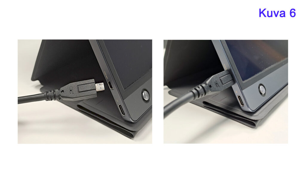 Kuva, jossa on kaksi vieri viereen asetettua valokuvaa. Vasemmanpuoleisessa kuvassa näkyy, kuinka HDMI-kaapeli liitetään tablettiin. Oikeanpuoleisessa kuvassa HDMI-kaapeli on kytketty tablettiin. Molemmissa kuvissa tabletti on kannettavan telineen päällä. Kuvateksti oikeassa yläkulmassa: 'Kuva 6'.