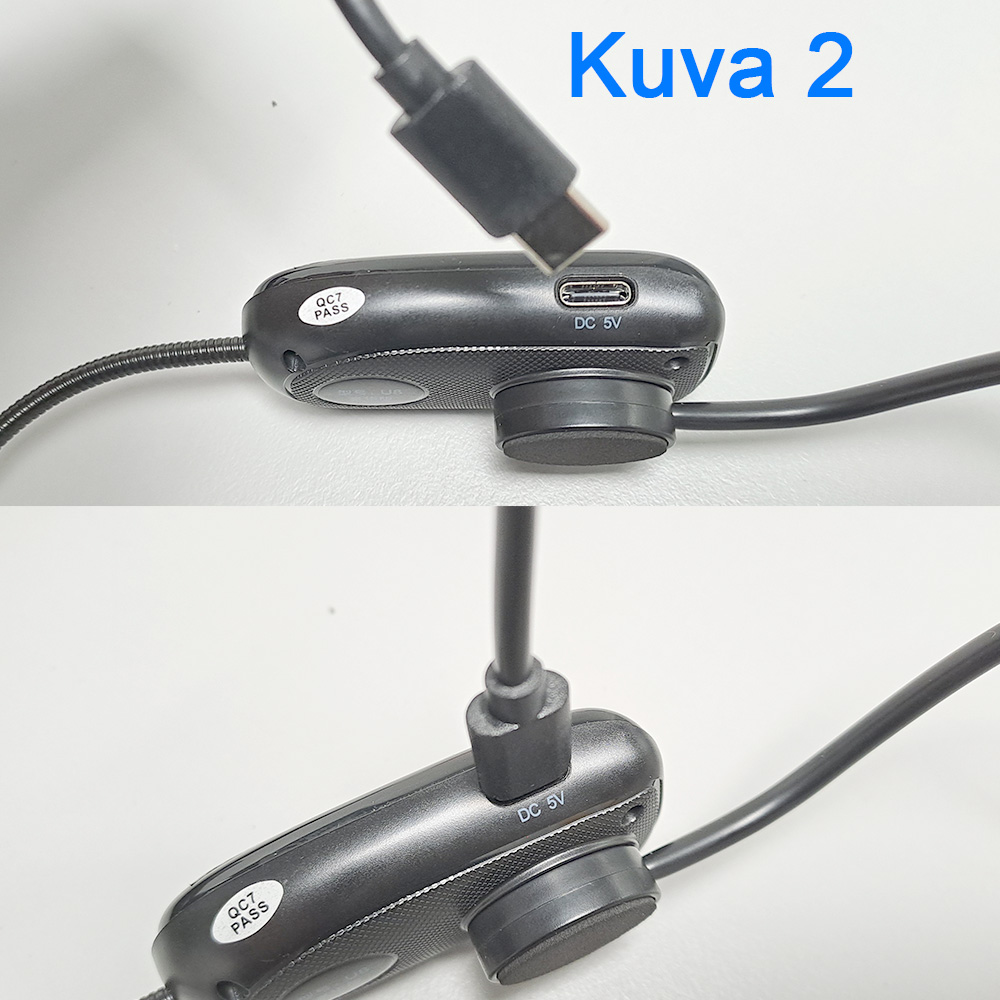 Kuva 2: Yläosassa on USB-kaapeli, joka on lähellä liittämistä laitteeseen. Alaosassa kaapeli on jo kytketty laitteeseen, jossa on DC 5V -merkintä. Laitteessa on myös QC7 PASS -tarra.