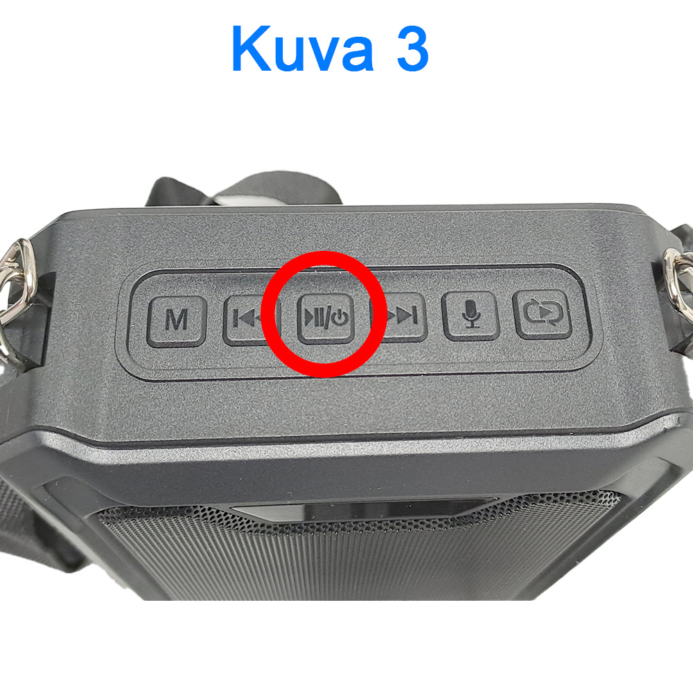 Kuvassa on kannettavan kaiuttimen ohjauspaneeli. Paneelissa on useita painikkeita, mukaan lukien edellinen, toista/tauko, seuraava, mikrofoni ja virta. Toista/tauko ja virta -painike on korostettu punaisella ympyrällä.