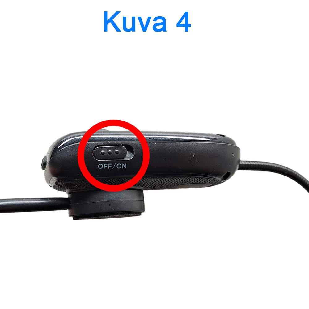 Kuva 4: Lähikuva laitteesta, jossa on OFF/ON-kytkin punaisella ympyrällä korostettuna.