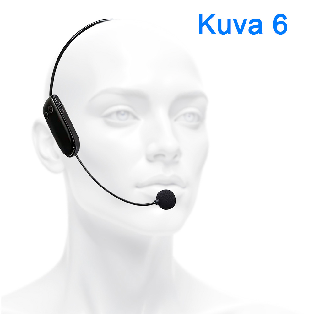 Kuvassa on valkoinen ihmishahmo, jolla on päässään musta kuulokemikrofoni. Kuvassa on teksti 'Kuva 6' sinisellä fontilla oikeassa yläkulmassa.