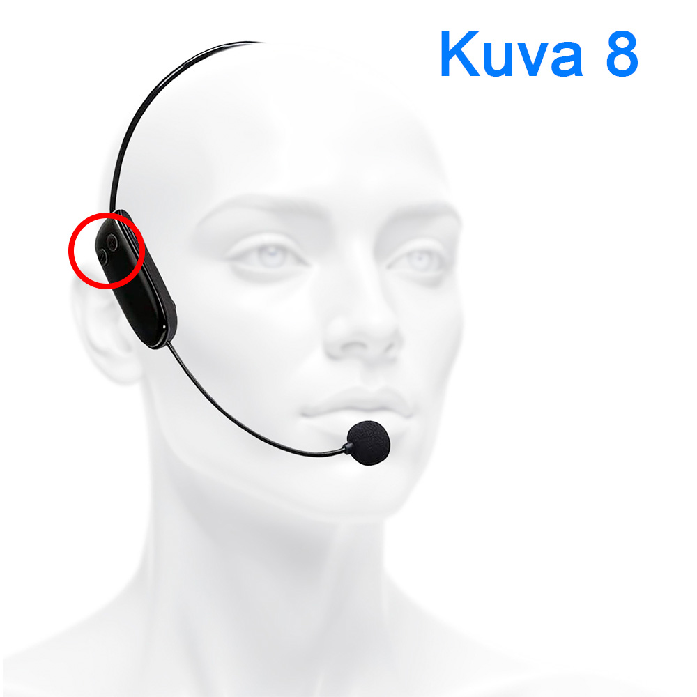 3D-mallin pää, jolla on päässään musta kuulokemikrofoni. Mikrofoniosa on varressa, joka ulottuu suun eteen. Kuvassa on teksti 'Kuva 8' ja punainen ympyrä korostaa kuulokemikrofonin säätönappia.