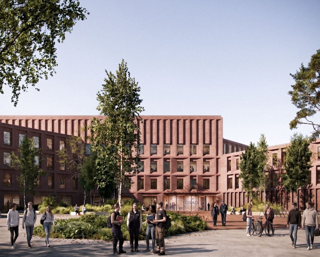 Punatiilinen moderni rakennus, jossa on suuret ikkunat. Etualalla on ihmisiä kävelemässä ja juttelemassa puiden ympäröimänä, aurinkoisella säällä.