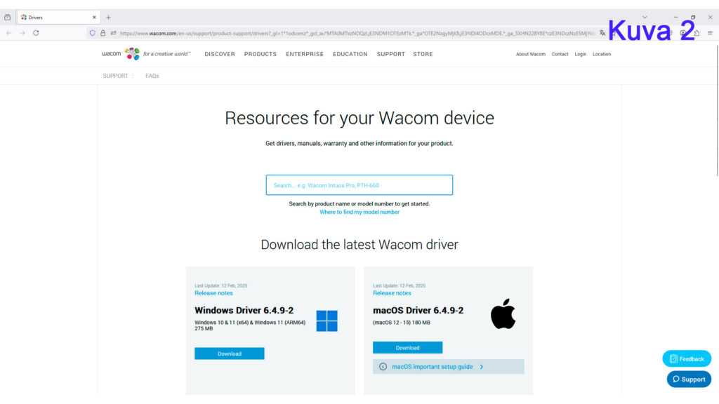 Wacom-laitteen sovelluksen lataussivu. Näytöllä näkyy Wacom-ohjainten lataussivu, jossa on Windows- ja macOS-ohjainten latauslinkit. Sivun yläosassa on hakupalkki mallin tai tuotenumeron etsimiseen. Oikealla ylhäällä lukee kuva 2.