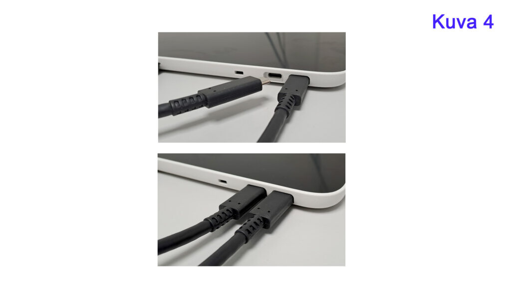 Kuvassa on kaksi kuvaa vierekkäin. Ylemmässä kuvassa USB-kaapelia ollaan liittämässä piirtonäyttöön. Alemmassa kuvassa kaksi USB-kaapelia on liitetty piirtonäyttöön.
