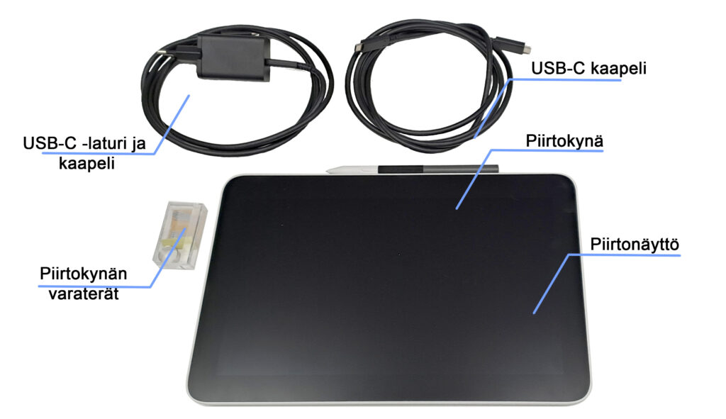 Kuvassa on piirtopöytäsarja, johon kuuluu USB-C-laturi ja kaapeli, erillinen USB-C-kaapeli, piirtokynä, vaihtoteriä piirtokynälle ja piirtopöytänäyttö.